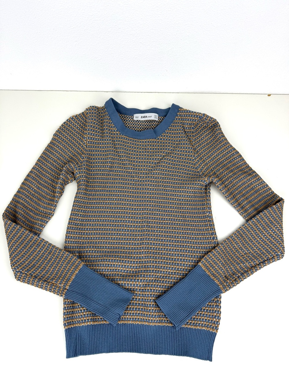 Zara Textured Crew Sweater Blue Tan S